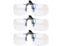 Trois paires de sur-lunettes clip-on rectangulaires sans monture, verres transparents, clip central noir et charnières métalliques