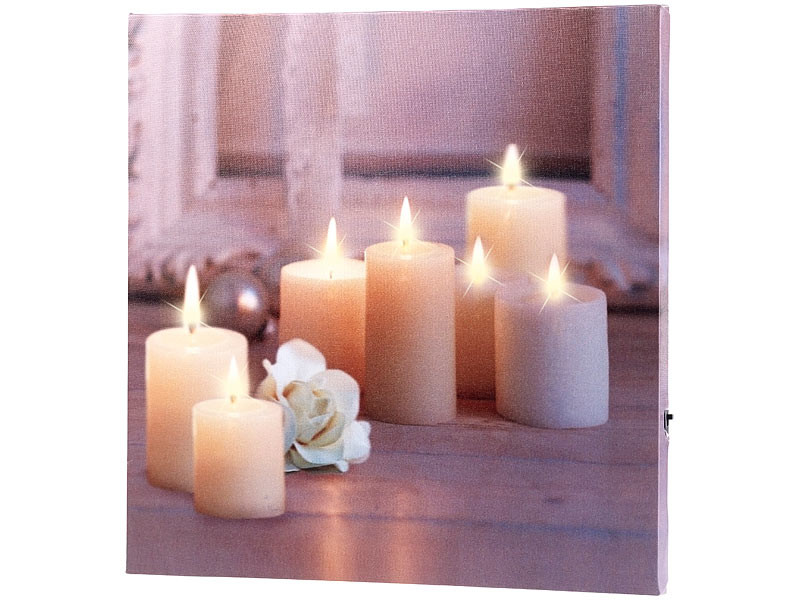 Tableau lumineux à LED lumière vacillante Rose et bougies 30 x 30 cm