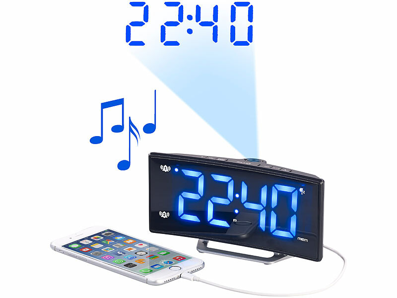 Radio-réveil à projection avec affichage bleu et port de