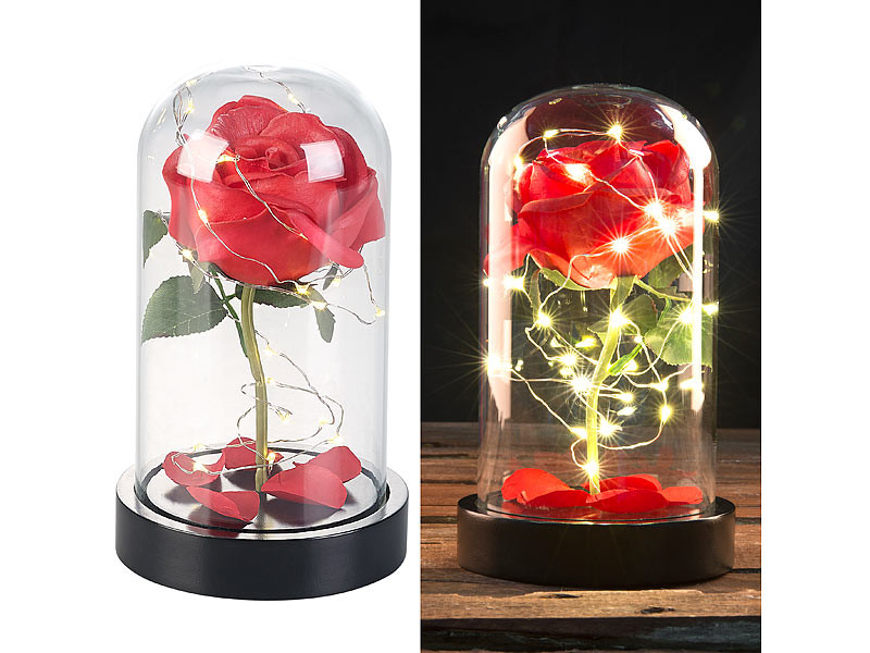 Rose artificielle avec cloche en verre et lumière LED - Rouge