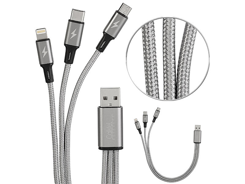 Câble de chargement 3 en 1 compatible Micro-USB, USB-C, Lightning - 30 cm