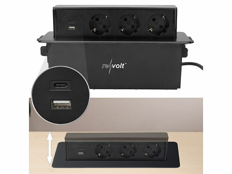 Multiprise encastrable avec 3 prises 230 V, 1 port USB et 1 port USB-C -  Noir