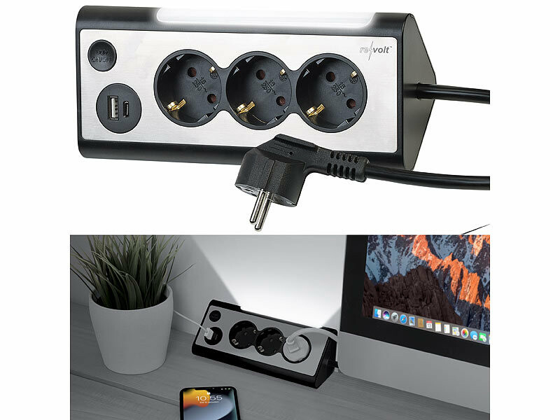 Multiprise 3 prises avec veilleuse LED et 2 ports USB - coloris noir, Multiprises