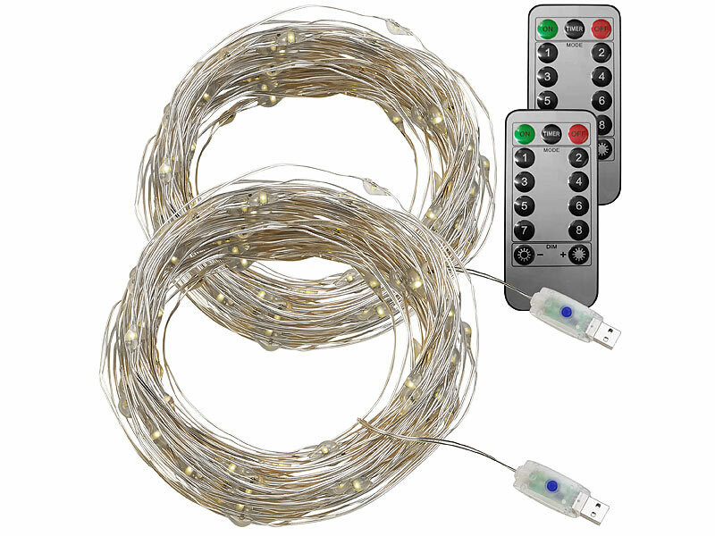 2 guirlandes LED USB télécommandées - 10 m - Blanc lumière du jour