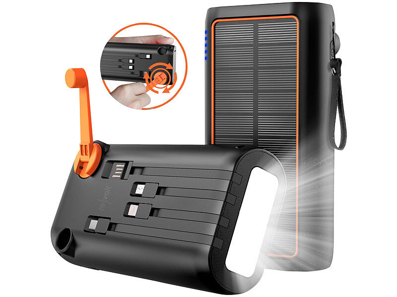 Batterie d'appoint solaire 30000 mAh avec dynamo et câbles intégrés  PB-200.k, Batteries de secours