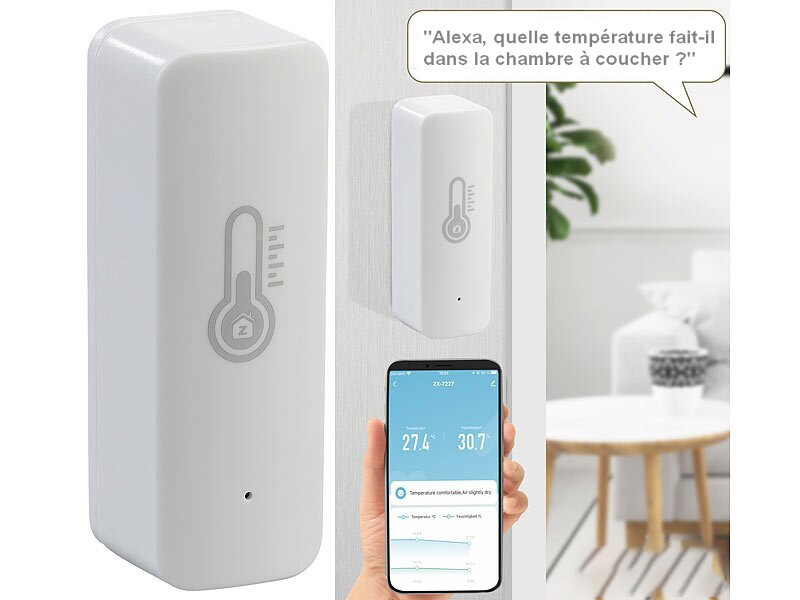 Capteur de température et d'humidité de l'air connecté avec commandes  vocales, Compatible Alexa / Google Home